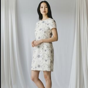 linen neutral oatmeal embroidered classic short sleeve career Short dress. Sz 6